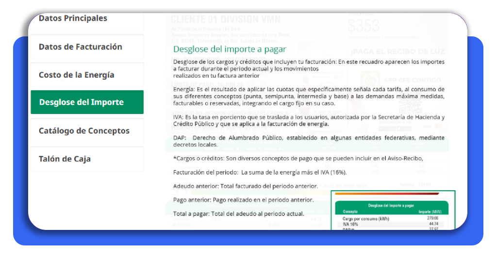 Subsidio CFE: descubre si tu tarifa incluye este beneficio 5 Captura de pantalla de la sección de consumo en recibo CFE