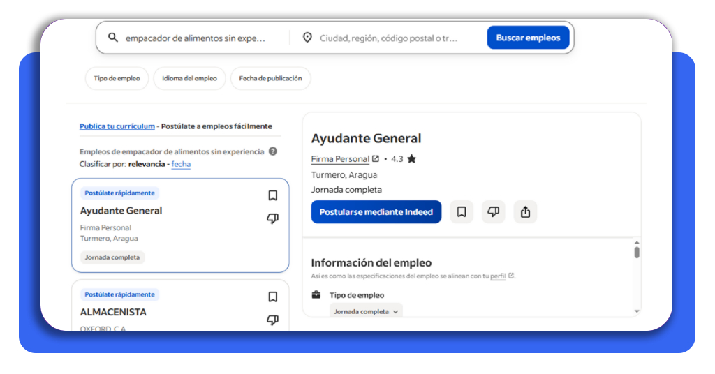 Vacantes de empacador de alimentos: postúlate GRÁTIS sin experiencia 5 Búsqueda de vacantes de empacador en la app Indeed