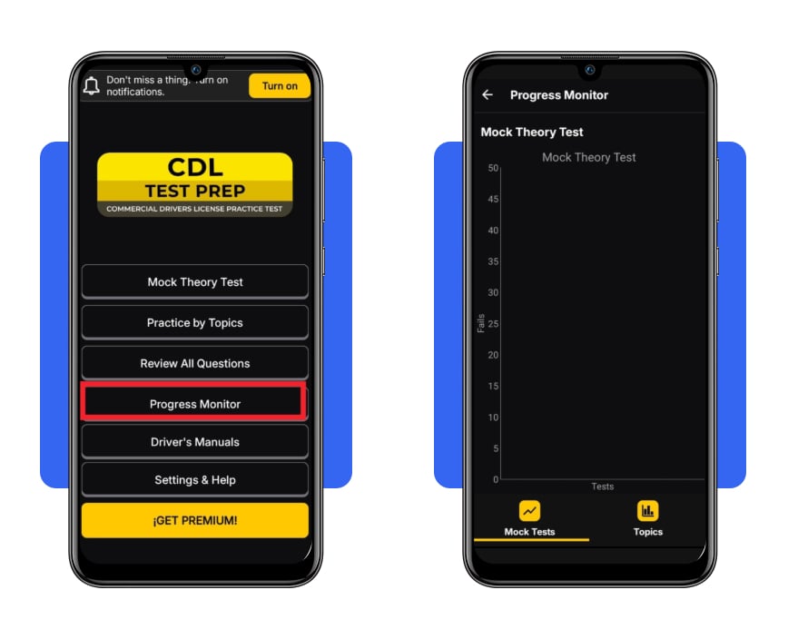 Examen CDL del Texas: prepárate GRATIS en inglés ahora 9 Monitor de progreso app CDL Texas
