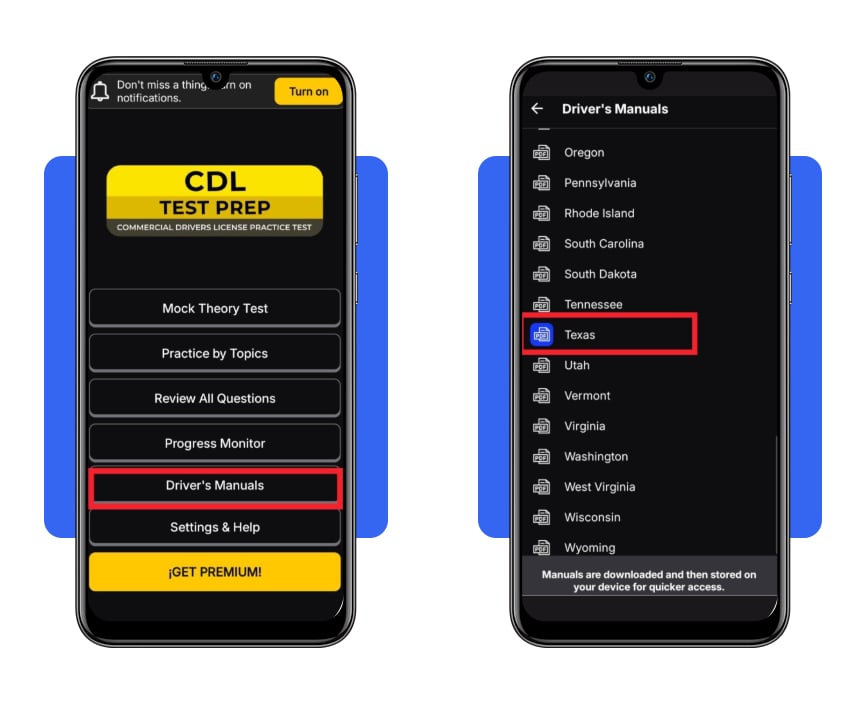 Examen CDL del Texas: prepárate GRATIS en inglés ahora 10 Manuales disponibles por estado en app CDL