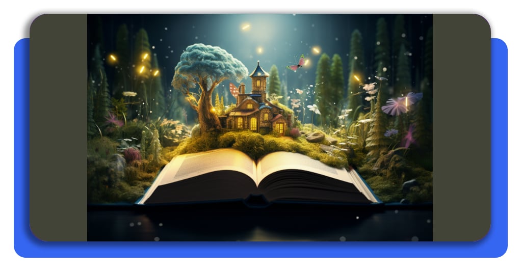 Más de 1.000 cuentos GRATIS para ayudar a niños a leer mejor 9 Un libro abierto exterioriza la historia que se cuenta en sus páginas. Un hermoso castillo en un bosque encantado repleto de flores se observa en el fondo.