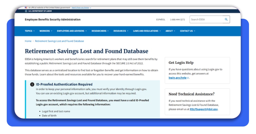 401(k) perdido: localiza ahorros de empleos anteriores en línea 3 Pantalla de inicio del portal lostandfound.dol.gov