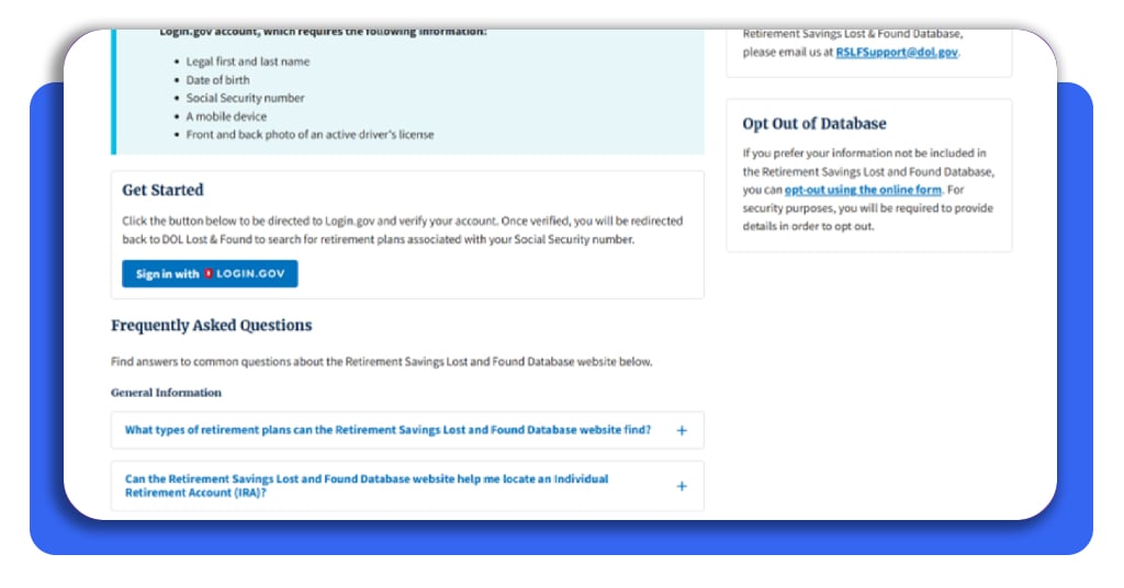 401(k) perdido: localiza ahorros de empleos anteriores en línea 4 Botón Sign in with Login.gov en el portal Lost and Found