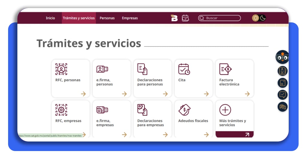 Menú del SAT - seleccionar más trámites y servicios