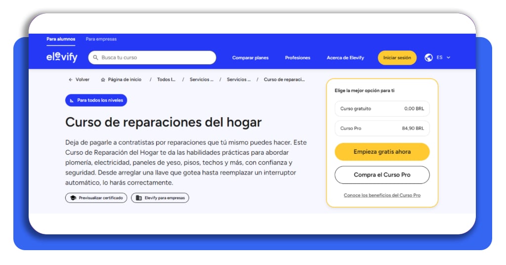 Página del curso de reparaciones del hogar en Elevify