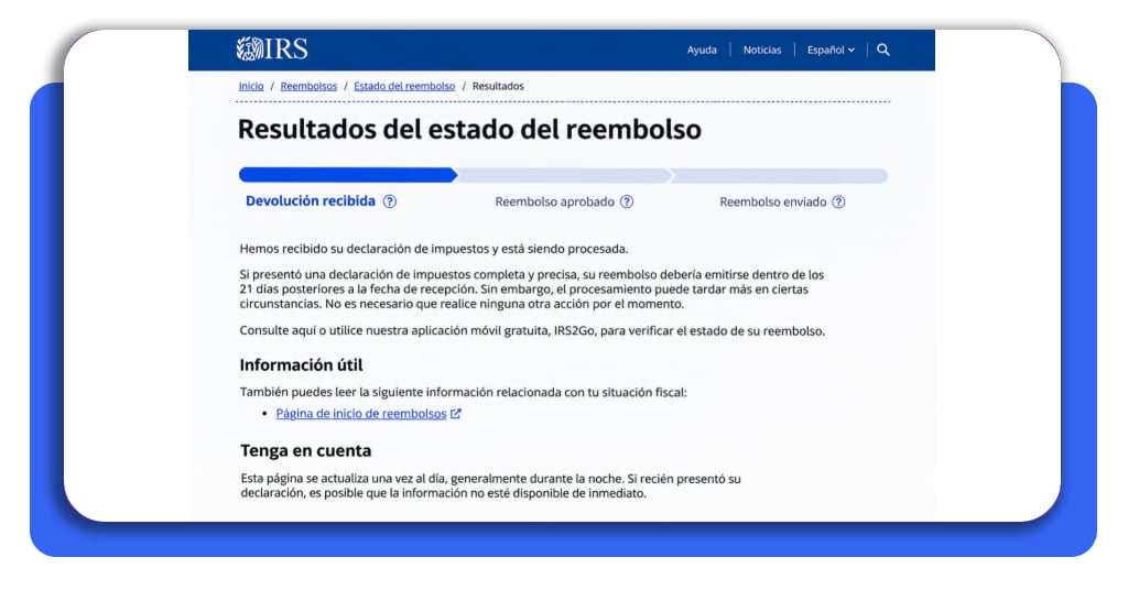 Reembolso del IRS en EE. UU.: consulta el estatus y evita fraudes 5 Paso 3 - Barra de estado del reembolso del IRS