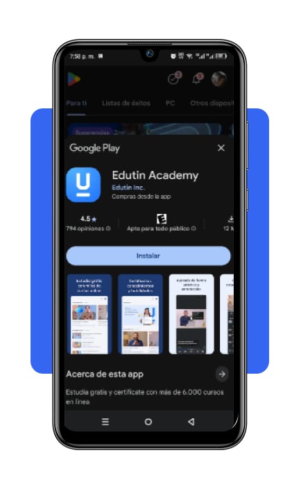 Paso 1 instala la aplicación Edutin Academy desde la tienda de apps