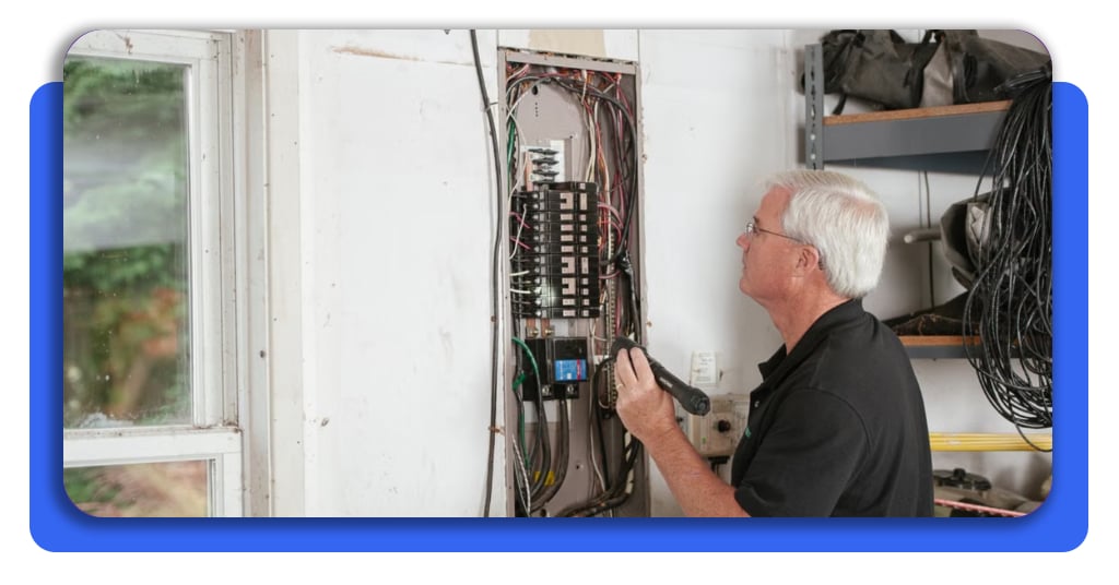 Problemas eléctricos en casa: señales que debes detectar a tiempo 5 Un electricista profesional se encuentra revisando el cableado eléctrico de una vivienda. Está utilizando una linterna para iluminar mejor la zona.