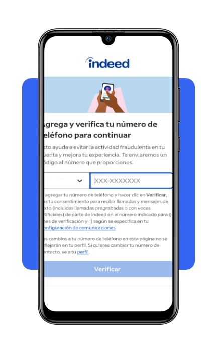 Paso 4 añade tu número de teléfono en Indeed