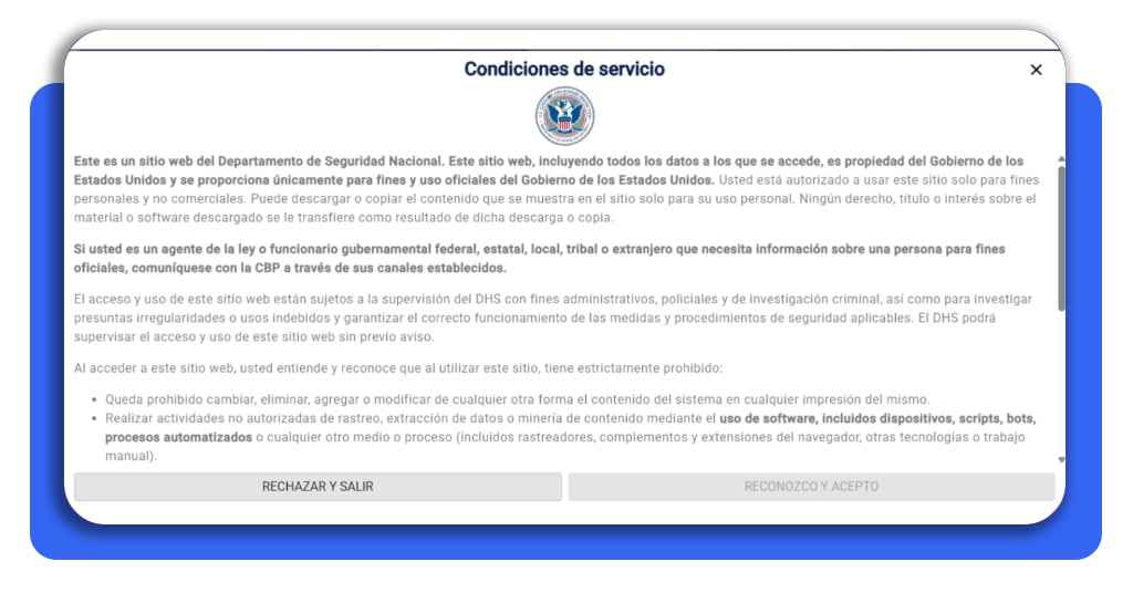 Descarga tu I-94 GRATIS y confirma tu entrada a EE. UU. ahora 3 Paso 2 aceptar términos de servicio I-94