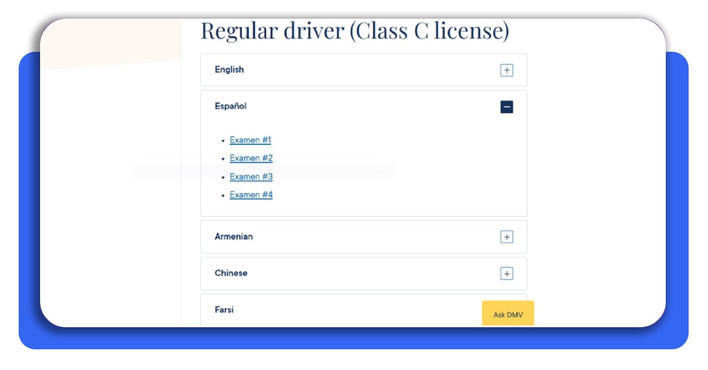 Paso 3 examen de manejo en español - sección Practice Tests del DMV